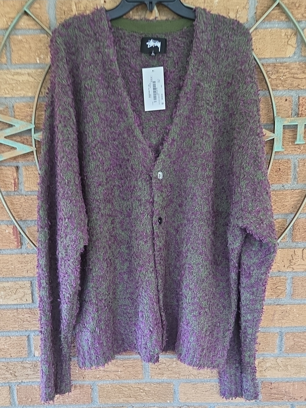 Men's Stussy Textured V Neck Cardigan Sweater, Purple/Green, XL NWT